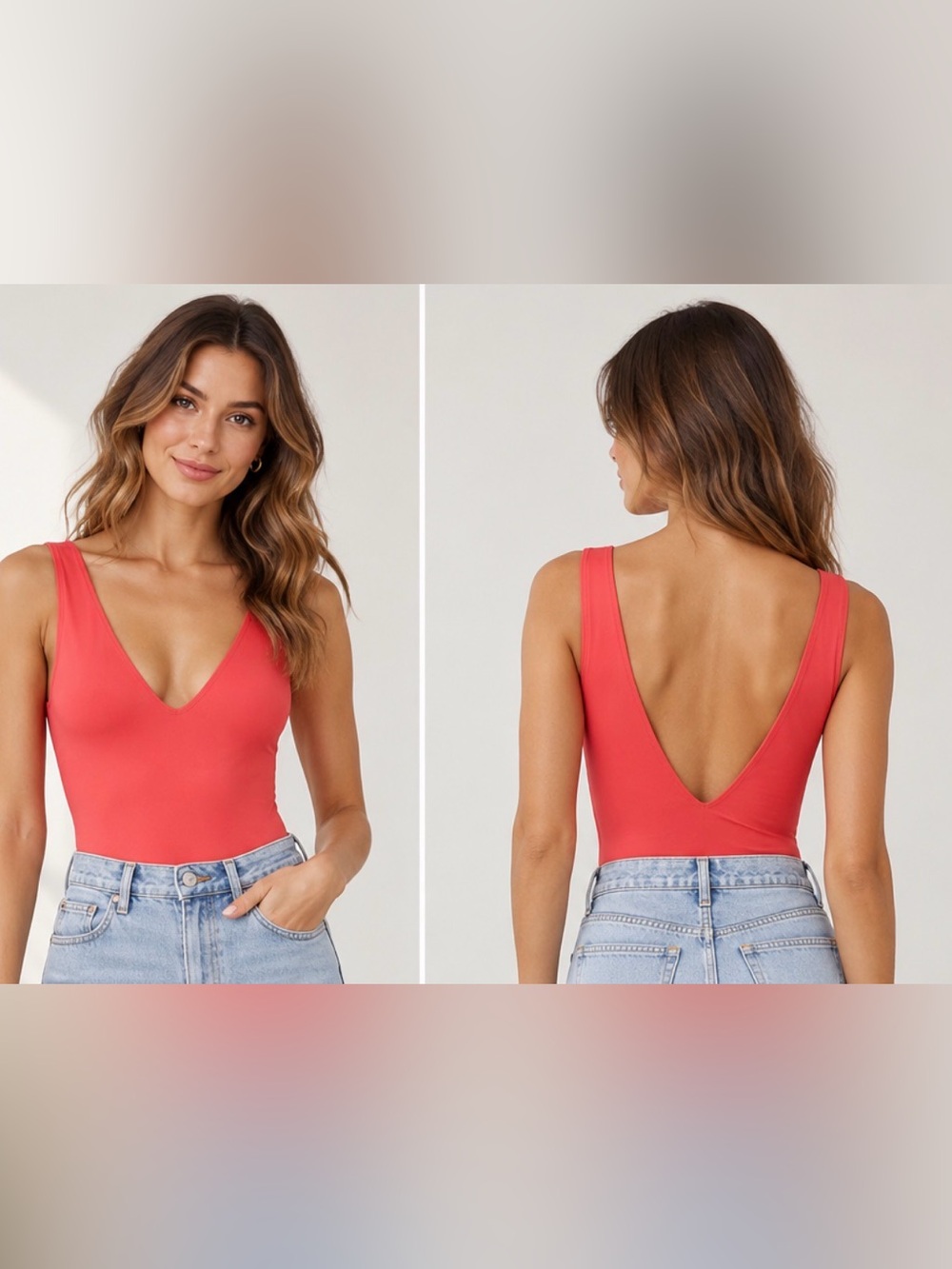 Free People Bright Coral V-Neck One-Piece Bodysuit